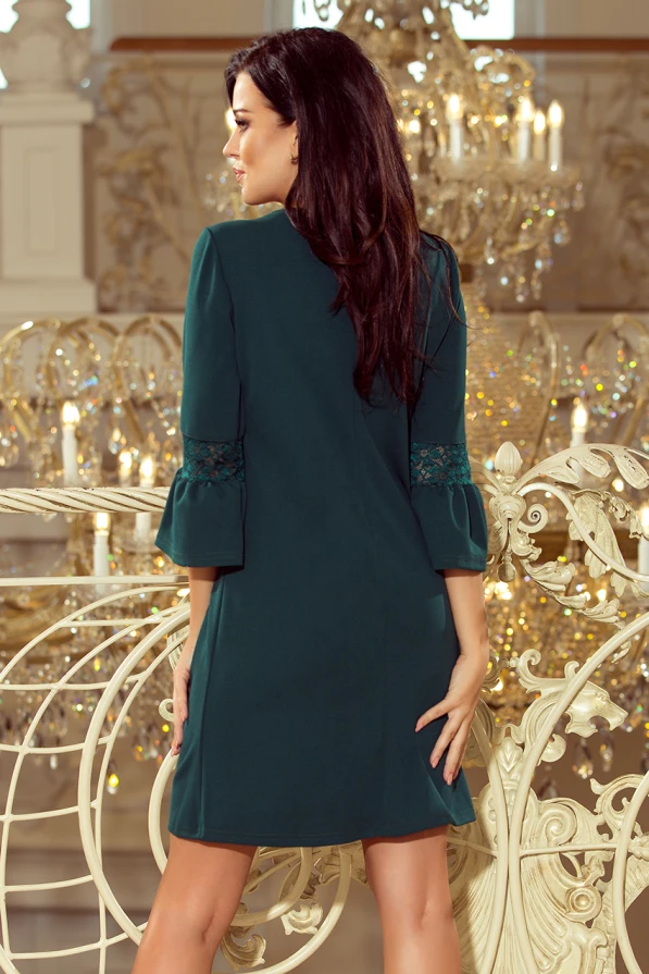 190-7 MARGARET šaty s krajkou na rukávech - tmavě zelená