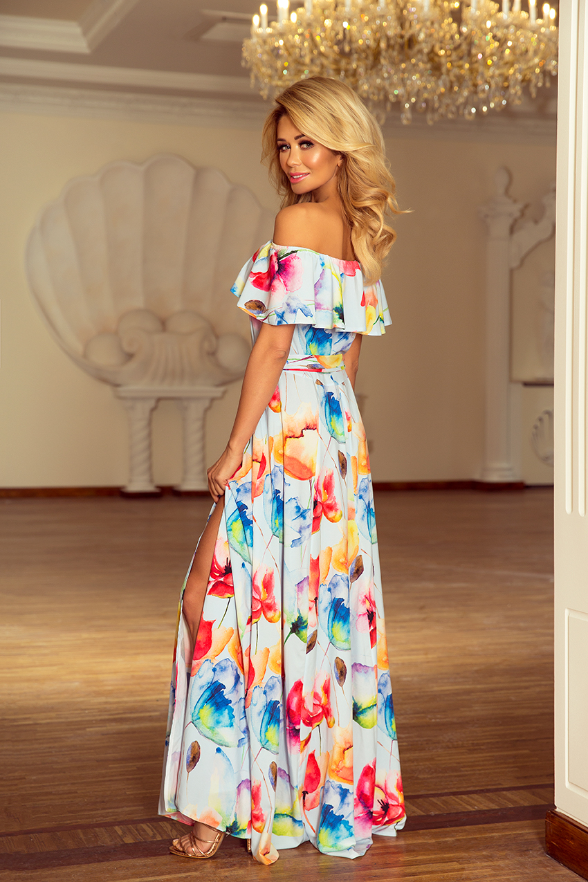 194-1 Dlouhé šaty s volánky - barevné malované květy