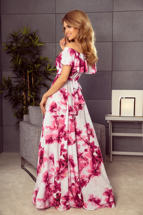 194-2 Dlouhé šaty s volánky - velké růžové květy