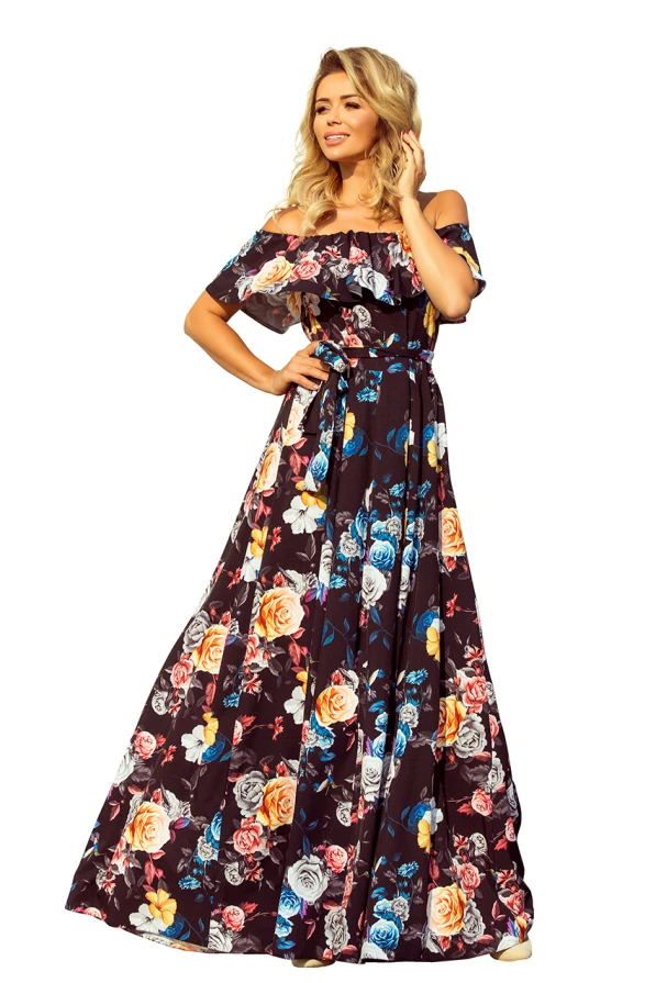 194-3 Dlouhé šaty s volánky - černá + barevné květiny
