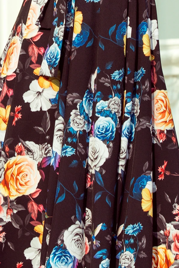 194-3 Dlouhé šaty s volánky - černá + barevné květiny
