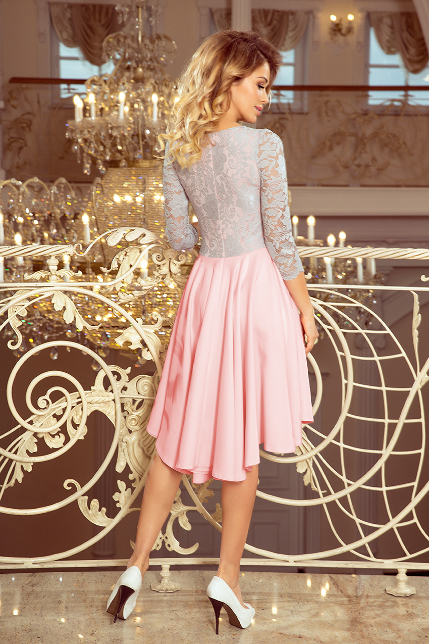 210-5 NICOLLE - Exkluzivní šaty s krajkou - pastelová růžová + šedá