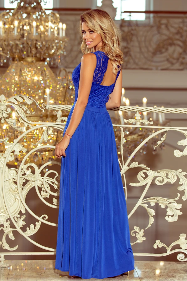211-3 LEA dlouhé šaty s krajkovým výstřihem - modré