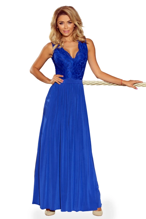 211-3 LEA dlouhé šaty s krajkovým výstřihem - modré