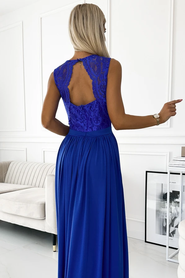 211-7 LEA dlouhé šaty s krajkovým výstřihem - modré