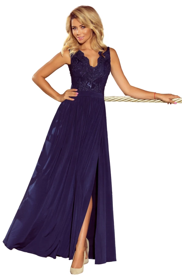 215-2 LEA dlouhé šaty s vyšívaným výstřihem - tmavě modré