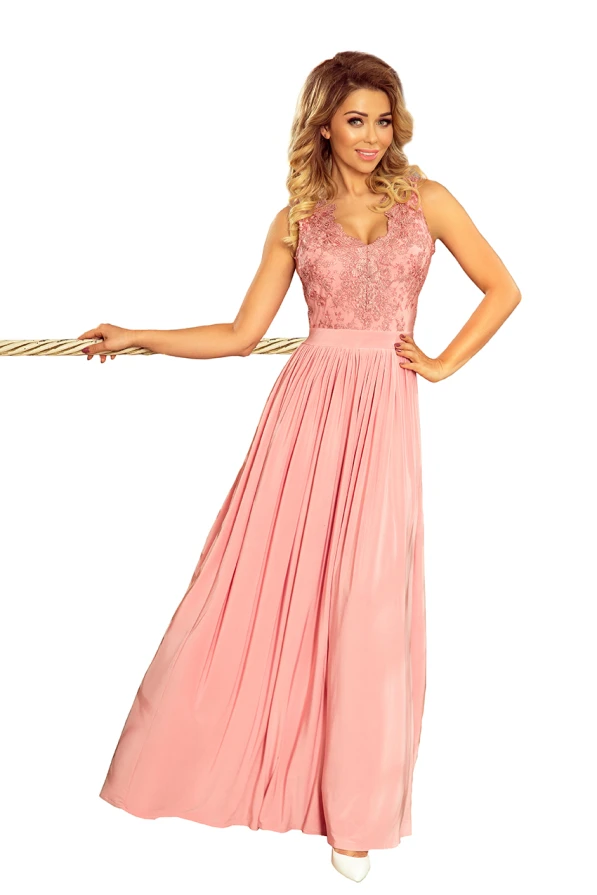215-3 LEA dlouhé šaty s vyšívaným výstřihem - růžové