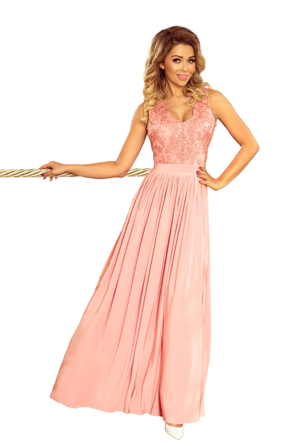 215-4 LEA dlouhé šaty s vyšívaným výstřihem - růžové