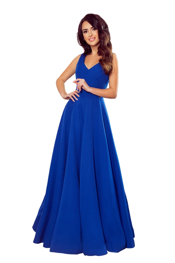 246-3 CINDY dlouhé šaty s výstřihem - modré