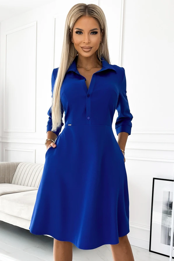 286-6 SANDY Rozevláté košilové šaty s páskem - modré