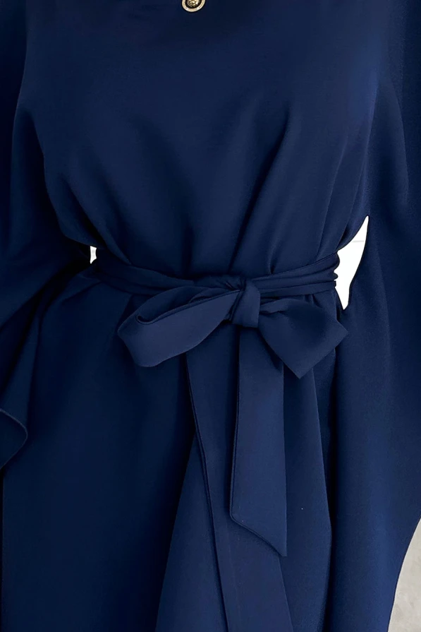 287-24 SOFIA Motýlí šaty se zavazováním v pase - tmavě modrá