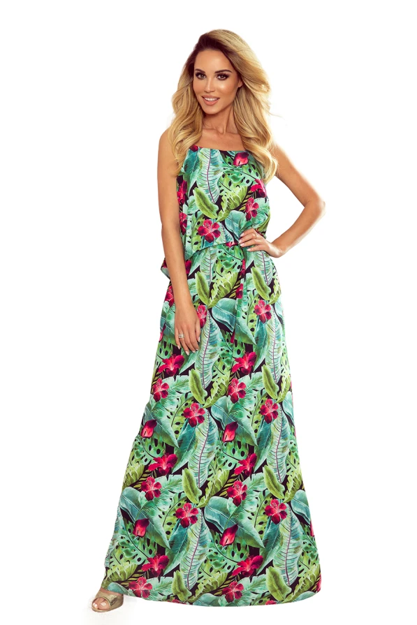 294-2 Dlouhé letní šaty s popruhy - zelené listy a růžové květy