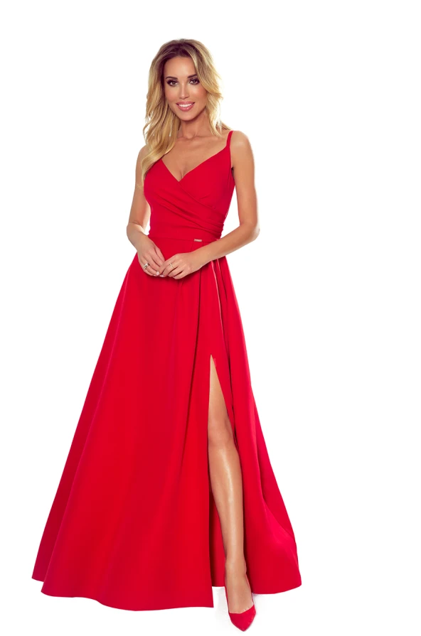 299-1 CHIARA elegantní maxi šaty s popruhy - červená