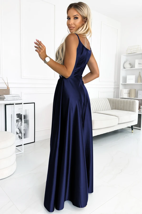 299-12 CHIARA elegantní saténové maxi šaty na ramínka - tmavě modré