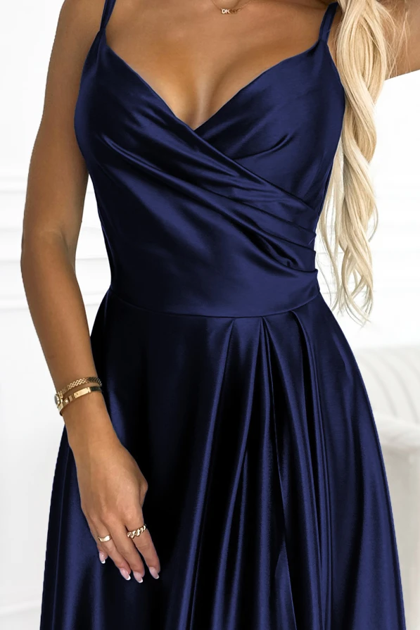 299-12 CHIARA elegantní saténové maxi šaty na ramínka - tmavě modré