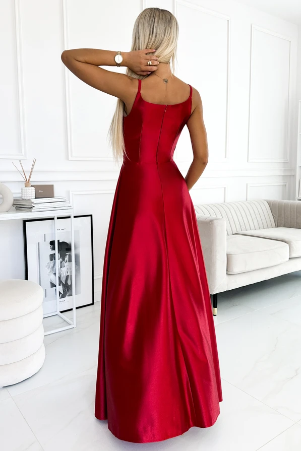 299-14 CHIARA elegantní saténové maxi šaty na ramínka - Červené