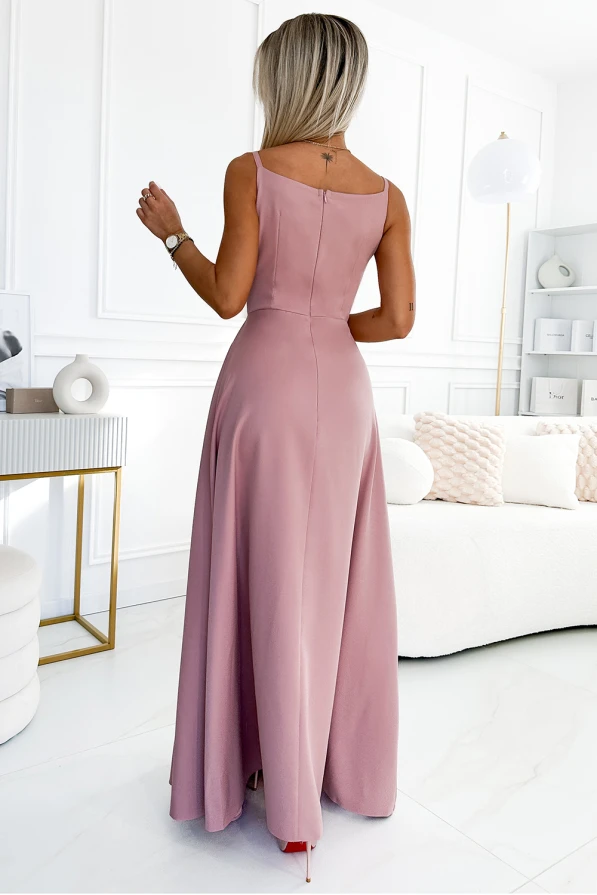 299-16 CHIARA elegantní maxi šaty s popruhy - špinavě růžová