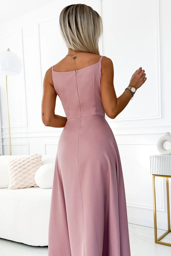 299-16 CHIARA elegantní maxi šaty s popruhy - špinavě růžová