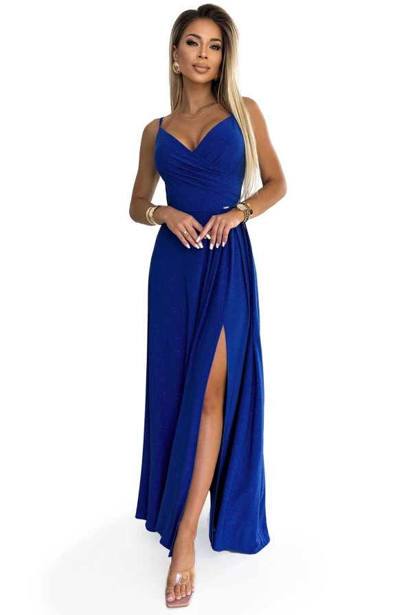 299-17 CHIARA elegantní maxi šaty na ramínka - modrá se třpytkami
