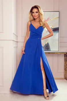 299-3 CHIARA elegantní maxi šaty s popruhy - modré
