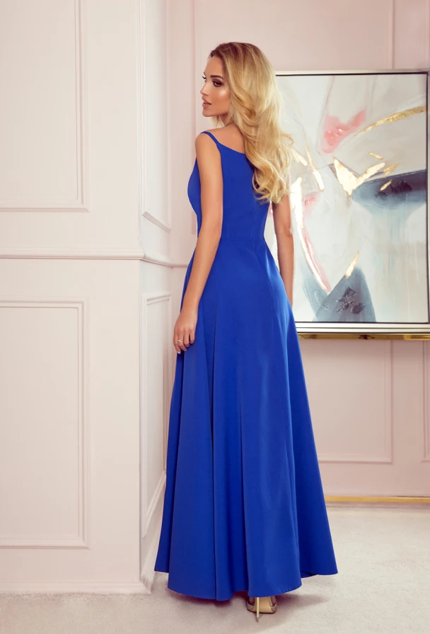 299-3 CHIARA elegantní maxi šaty s popruhy - modré