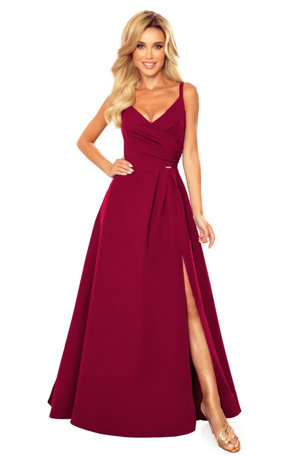 299-5 CHIARA elegantní maxi šaty s popruhy - Vínová barva