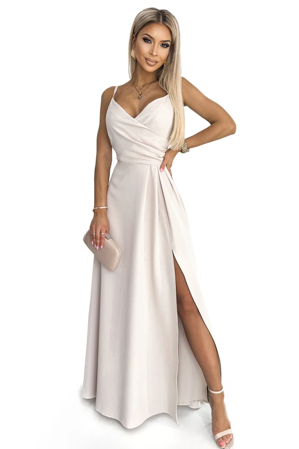 299-6 CHIARA elegantní maxi šaty s popruhy - béžové