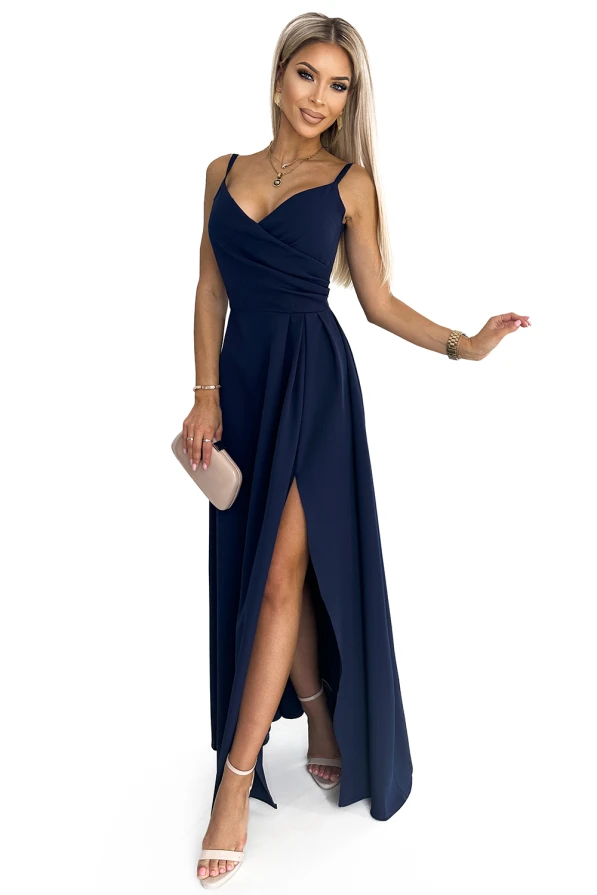 299-7 CHIARA elegantní maxi šaty s popruhy - tmavě modrá
