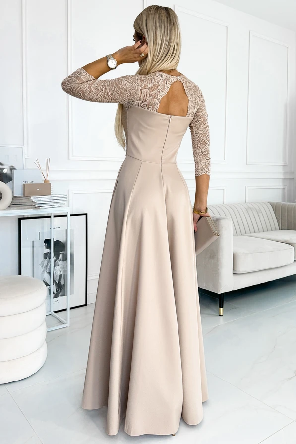 309-10 AMBER krajkové, elegantní dlouhé šaty s výstřihem a rozparkem u nohavic - béžové