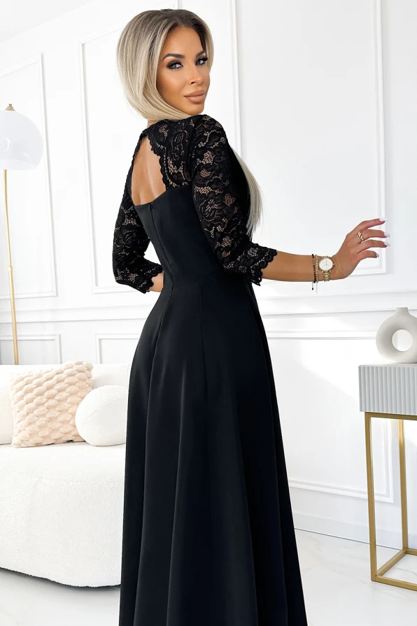 309-11 AMBER krajkové, elegantní dlouhé šaty s výstřihem a rozparkem u nohavic - černé