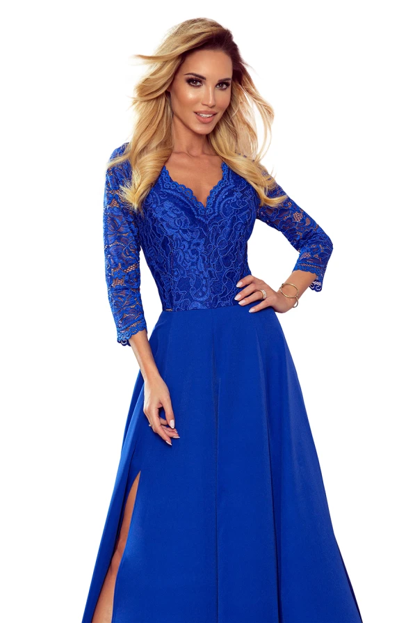 309-2 AMBER elegantní krajkové dlouhé šaty s výstřihem - modré