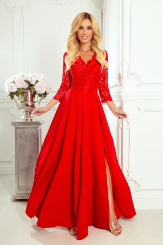 309-3 AMBER elegantní krajkové dlouhé šaty s výstřihem - Červené