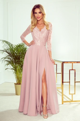 309-4 AMBER elegantní krajkové dlouhé šaty s výstřihem - špinavě růžové