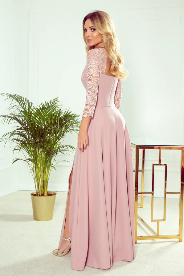 309-4 AMBER elegantní krajkové dlouhé šaty s výstřihem - špinavě růžové