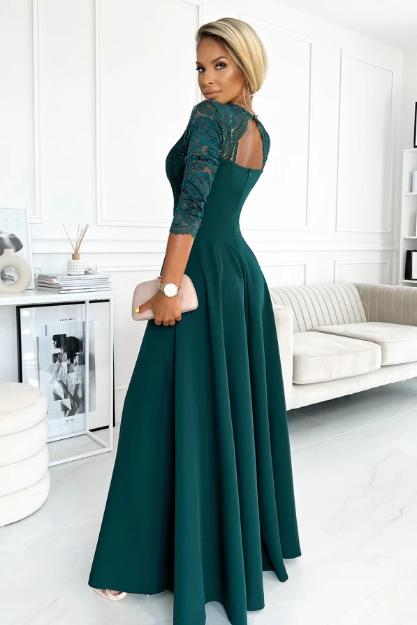 309-5 AMBER elegantní krajkové dlouhé šaty s výstřihem - zelené