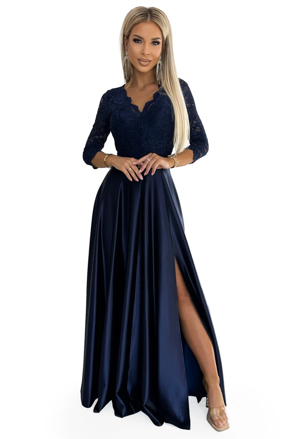 309-7 AMBER krajkové dlouhé saténové šaty s výstřihem - tmavě modré