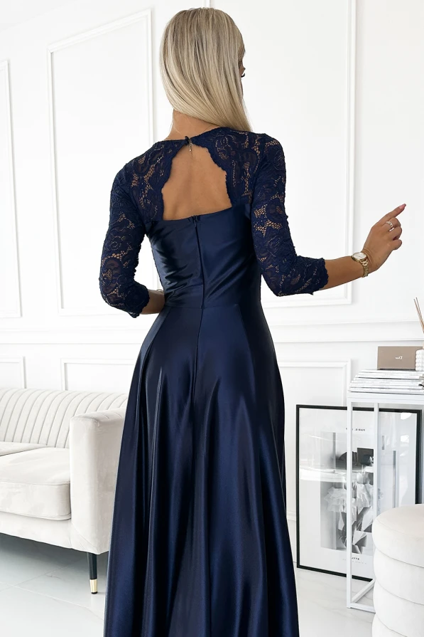 309-7 AMBER krajkové dlouhé saténové šaty s výstřihem - tmavě modré