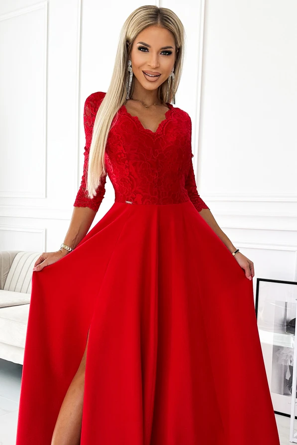 309-8 AMBER krajkové, elegantní dlouhé šaty s výstřihem a rozparkem u nohavic - červené