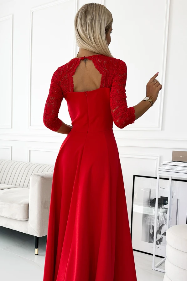 309-8 AMBER krajkové, elegantní dlouhé šaty s výstřihem a rozparkem u nohavic - červené
