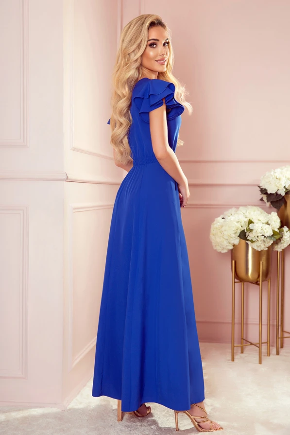 310-3 LIDIA dlouhé šaty s výstřihem a volánkami - Modré