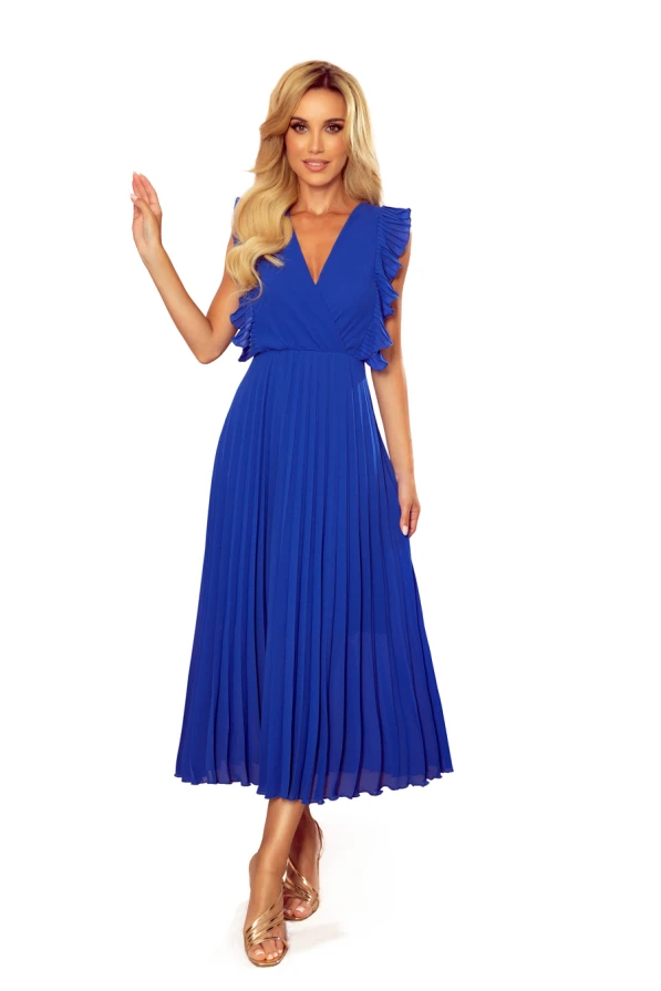 315-2 EMILY Plisované šaty s volánky a výstřihem - Modré