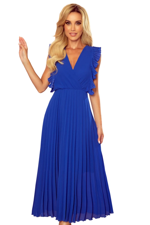 315-2 EMILY Plisované šaty s volánky a výstřihem - Modré