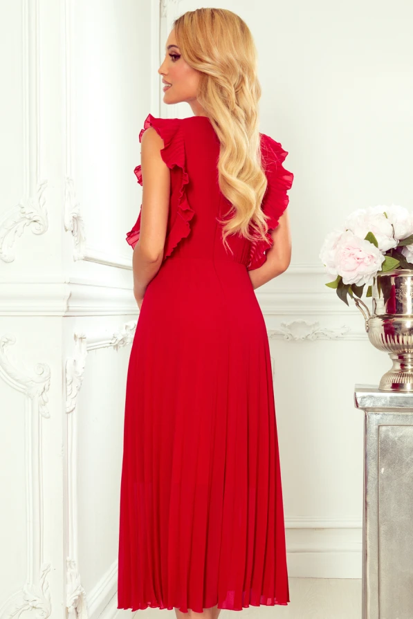 315-3 EMILY Plisované šaty s volánky a výstřihem - Červené
