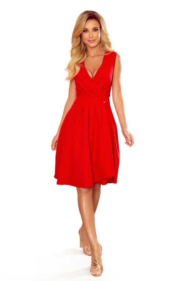 338-1 ELLENA elegantní šaty s výstřihem a skládáním - červené