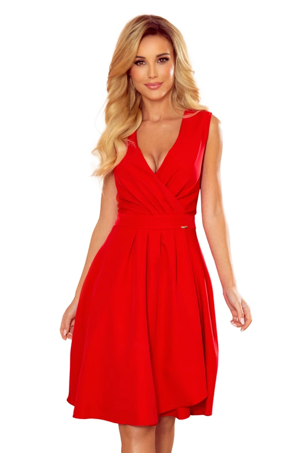 338-1 ELLENA elegantní šaty s výstřihem a skládáním - červené