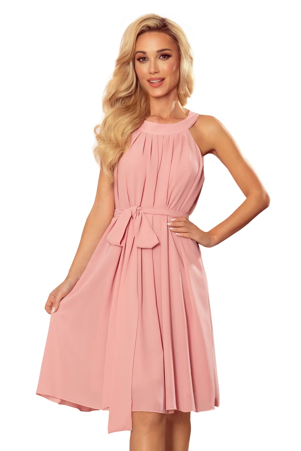 350-2 ALIZEE - šifónové šaty s vázáním - práškově růžové