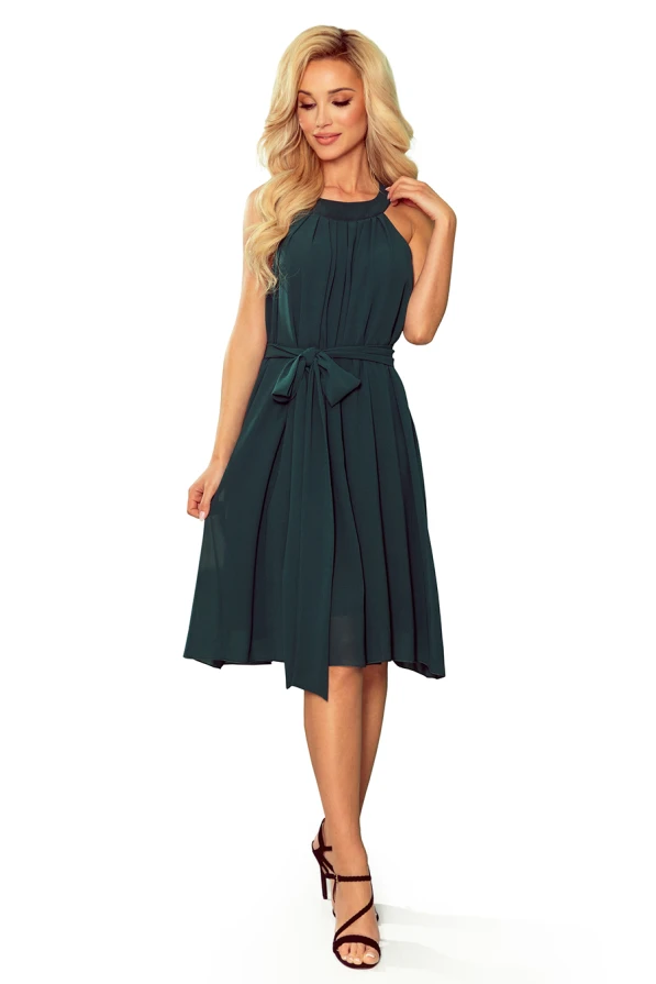 350-4 ALIZEE - šifónové šaty s vázáním - zelená barva