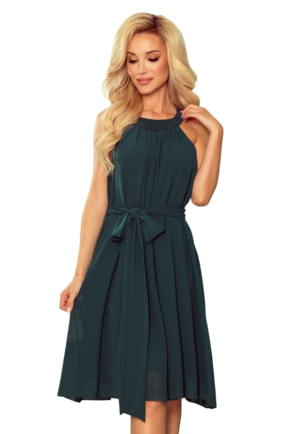 350-4 ALIZEE - šifónové šaty s vázáním - zelená barva