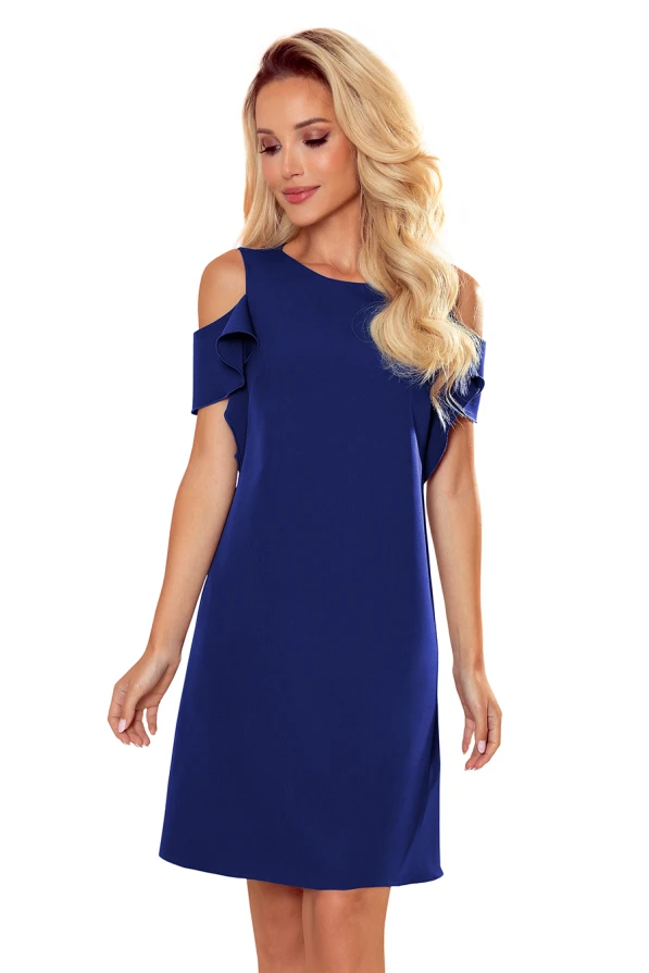 359-3 Lichoběžníkové šaty s volánky na ramenou - modré