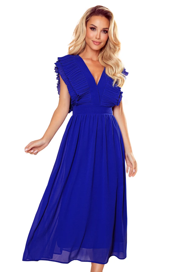 367-2 YANA Midi šaty s řasením a výstřihem - modré